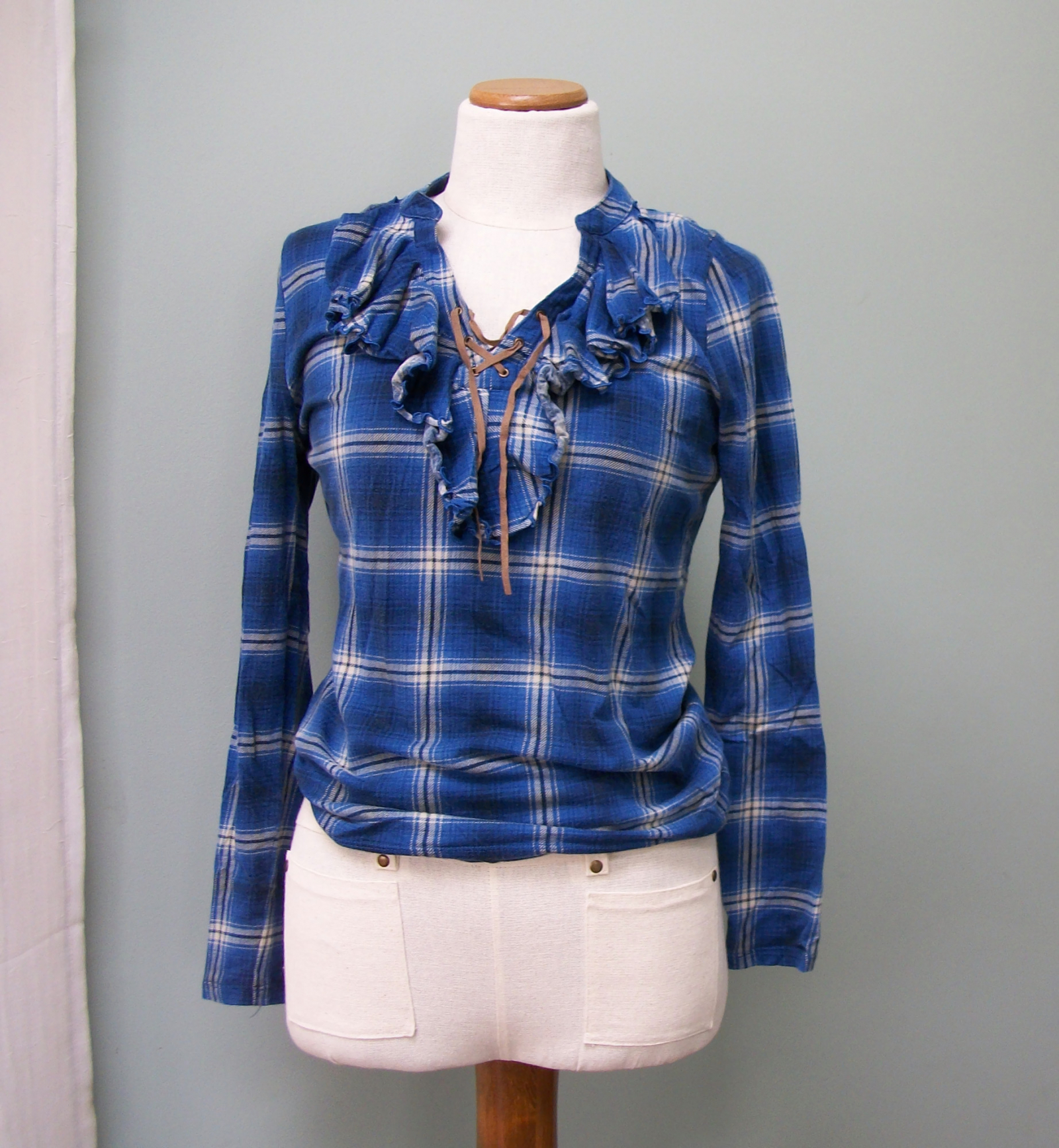 Vintage Ralph Lauren Chaps Blue Plaid Ruffle Women s Shirt Top