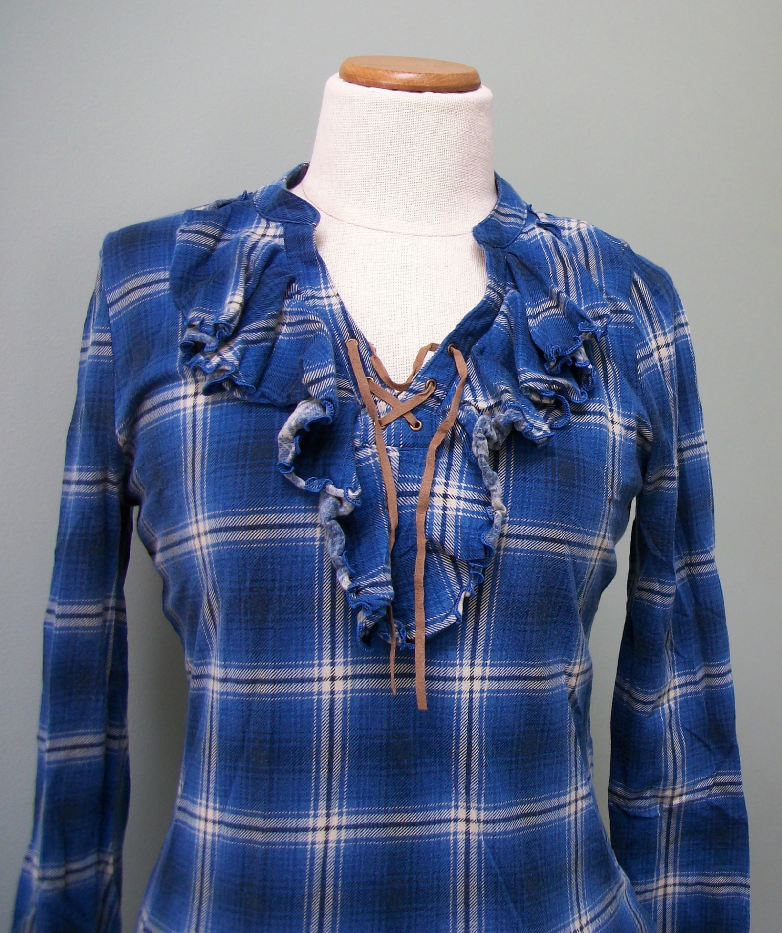 Vintage Ralph Lauren Chaps Blue Plaid Ruffle Women's Shirt Top