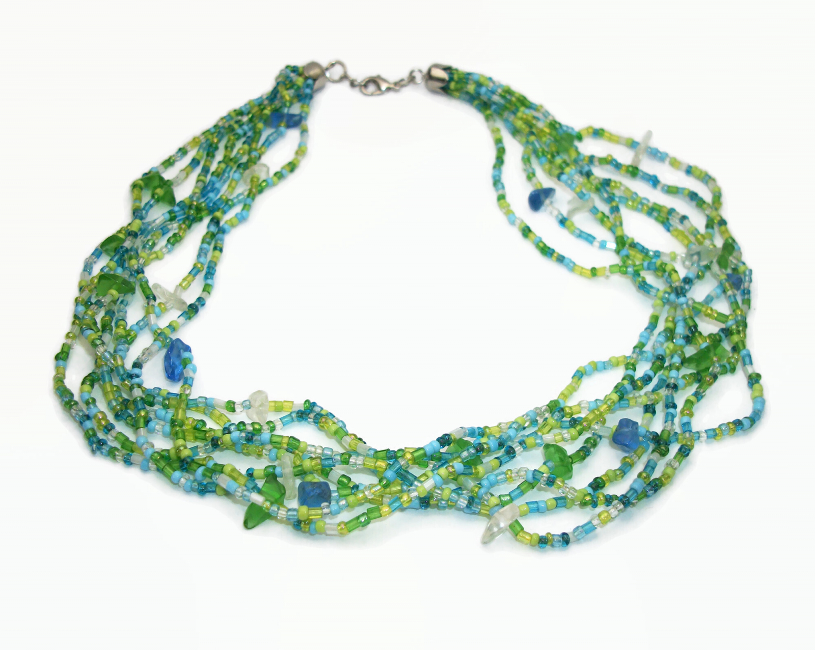 Vintage Blue and Green Glass Bead Multi Strand Choker Necklace Seed Beads and Small Nuggets 17 1 2 to 18 inch Necklace Multistrand Felt in My Heart Vintage