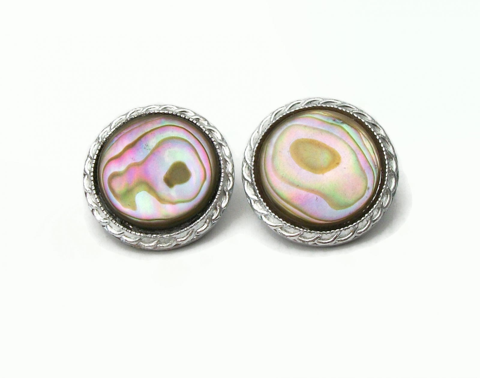 Vintage Abalone Mother of Pearl Clip on Earrings Round Silver