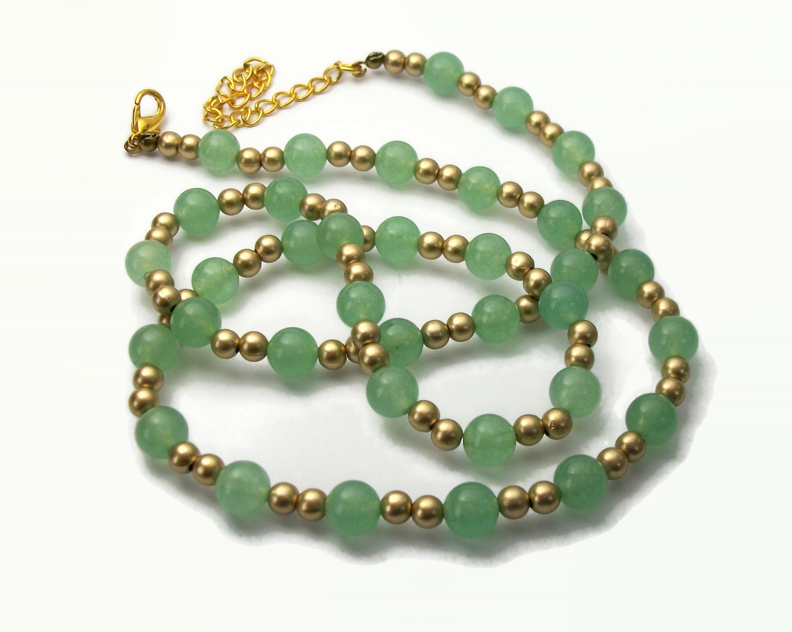 Vintage Faux Jade Glass Bead Necklace Green and Gold Adjustable 25
