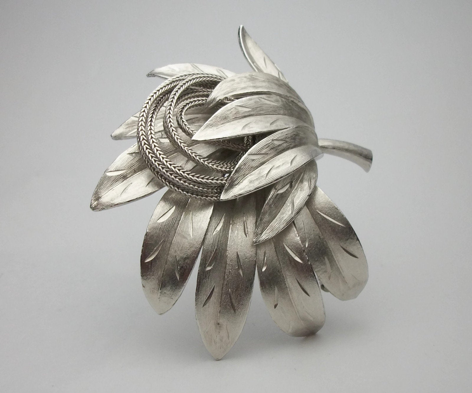 Vintage Signed Kramer Etched Silver Tone Brooch Ornate Abstract Floral Leaves Design Designer Jewelry Elegant Artisan Lapel Pin Felt in My Heart Vintage