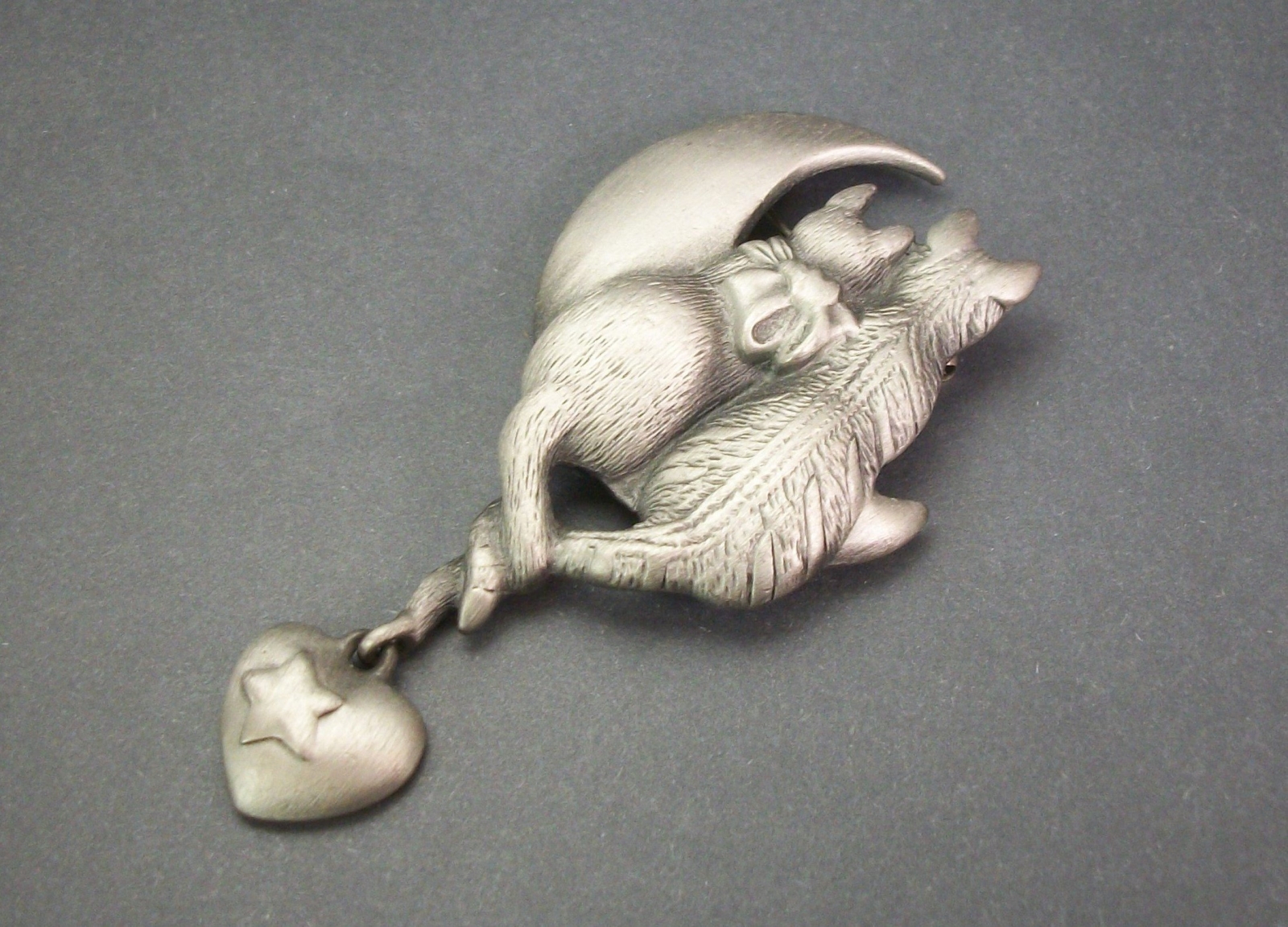 Vintage AJC Cattails Pewter Kitty Cat Brooch Two Cats in Love Moon