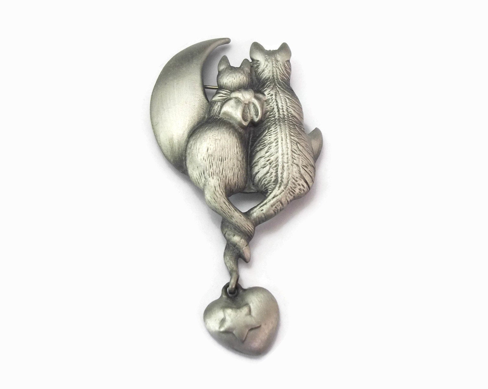 Vintage AJC Cattails Pewter Kitty Cat Brooch Two Cats in