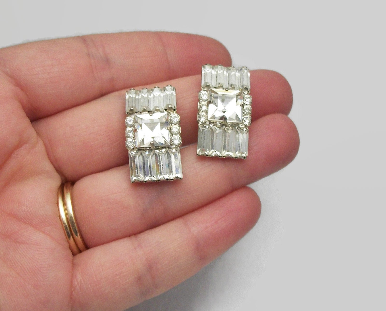 Vintage Clear Crystal Rhinestone Clip on Earrings Square Baguette and Round Cut Crystals Prong Set Silver Tone Metal Wedding Bride Jewelry
