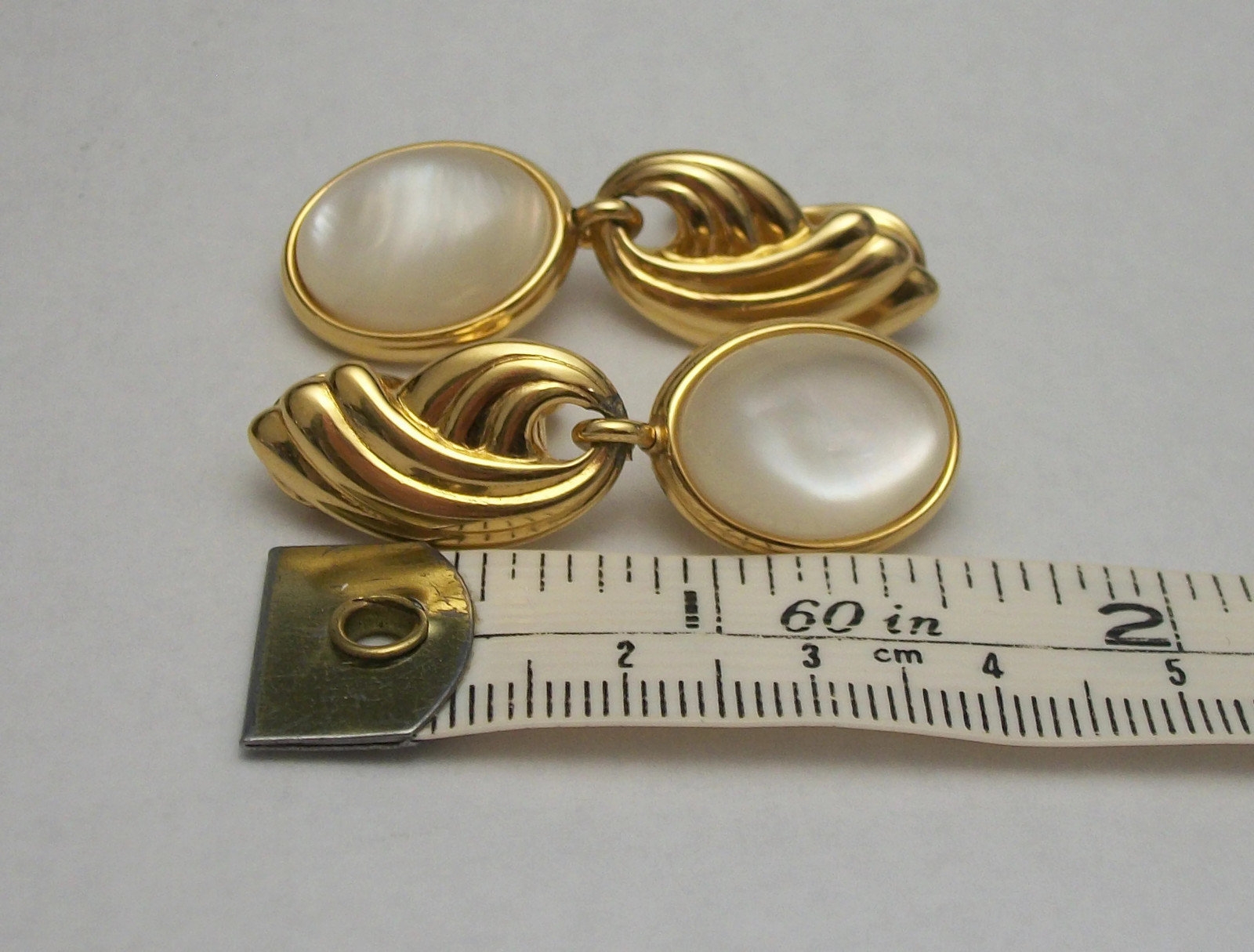 Vintage Monet Gold and Pearlescent Moonglow Cabochon Drop Clip Earrings ...