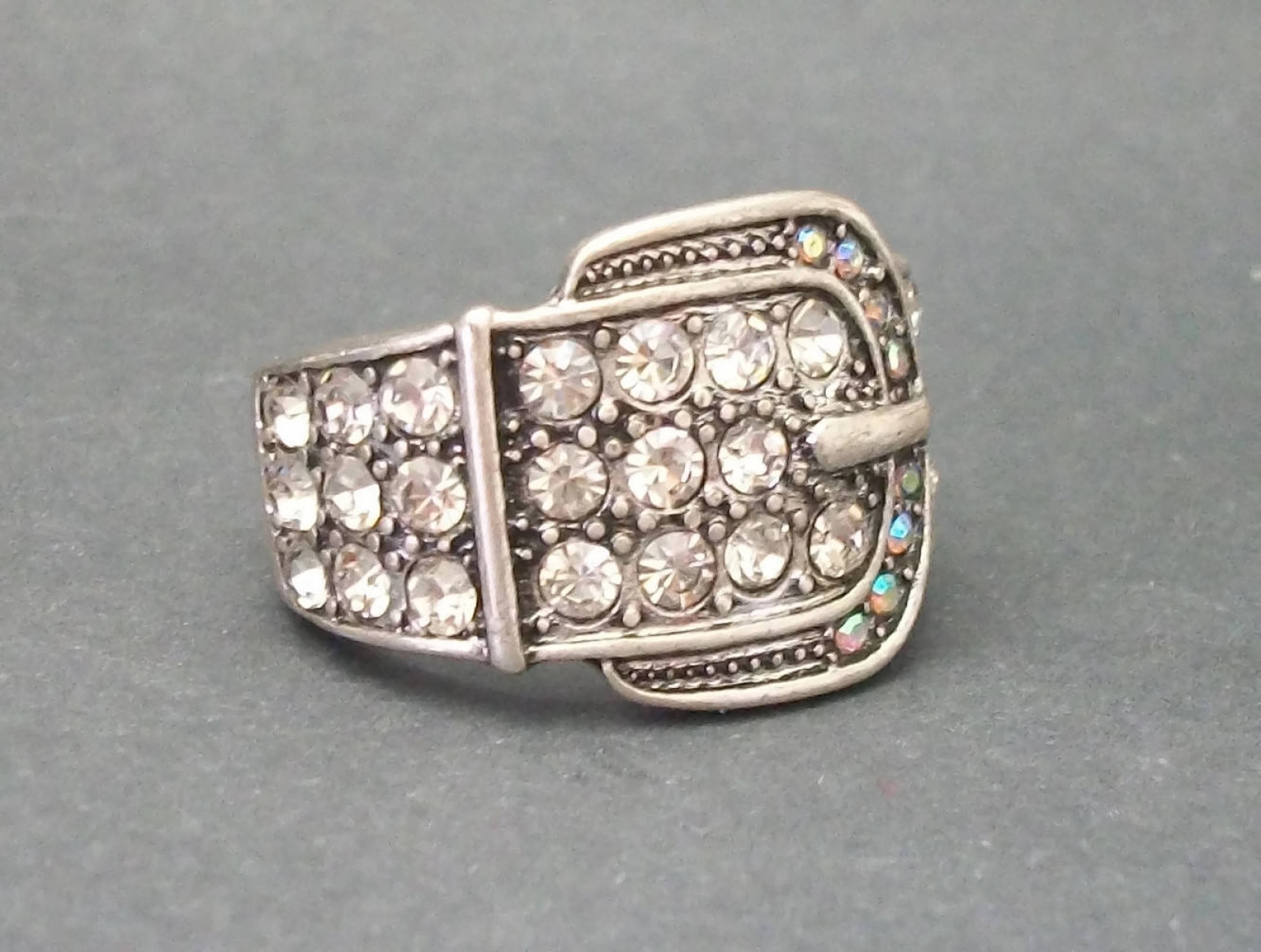 Vintage Silver Tone Buckle Ring with Clear and AB Crystals Crystal ...