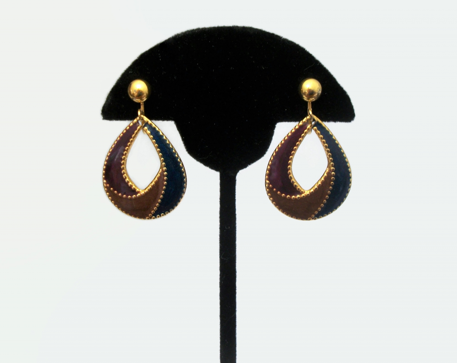 Vintage Enamel Teardrop Hoop Clip on Earrings Tear Drop Shaped Gold