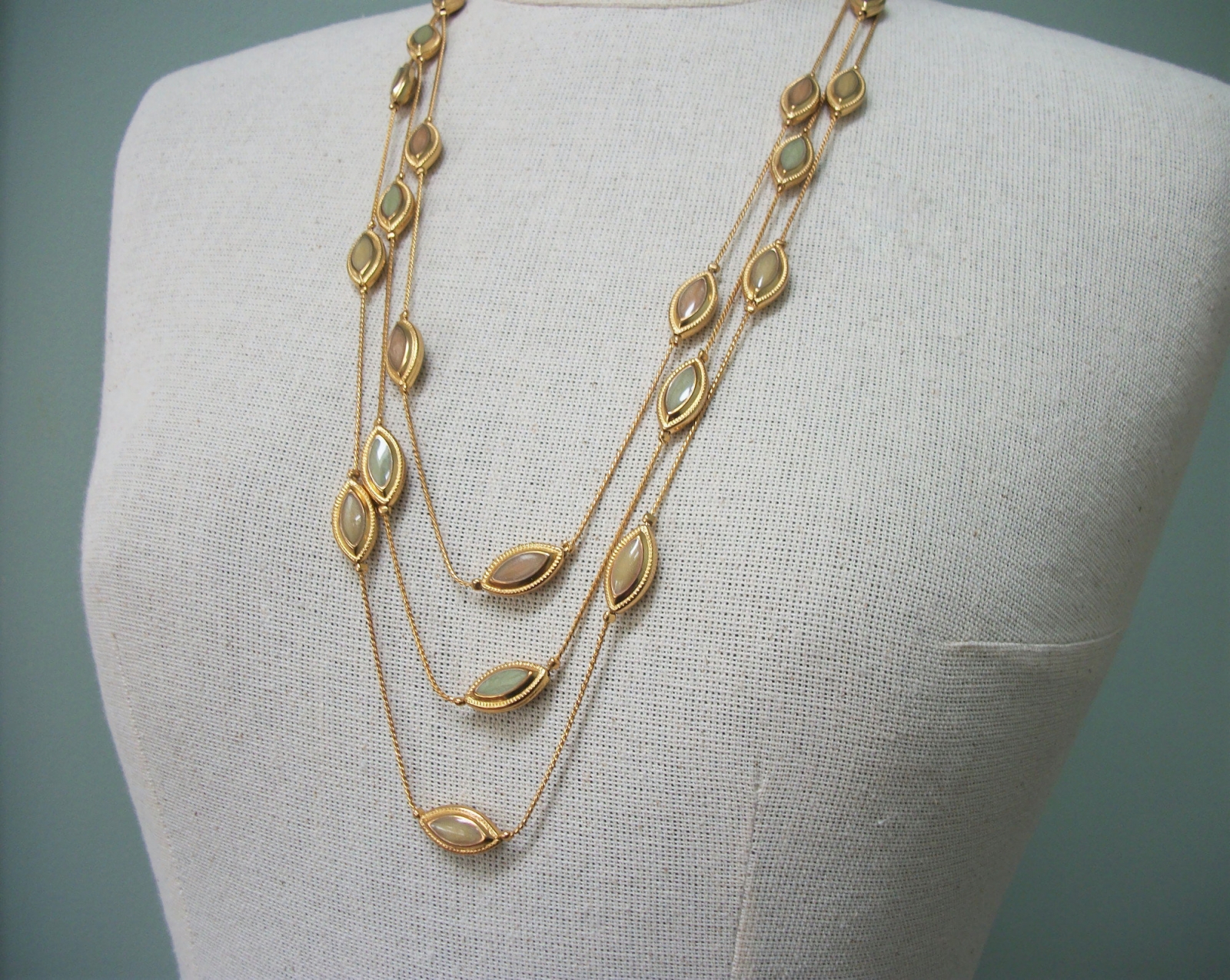 Vintage Triple Strand Long Gold Chain Necklace with Olive Taupe Enamel Beads Three Strand Chain ...