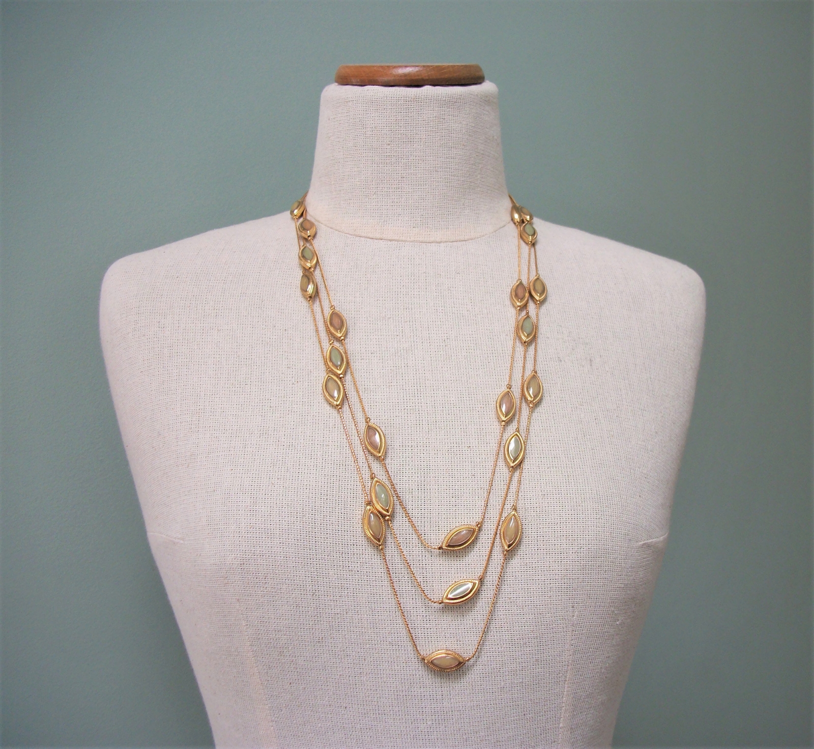 Vintage Triple Strand Long Gold Chain Necklace with Olive Taupe Enamel
