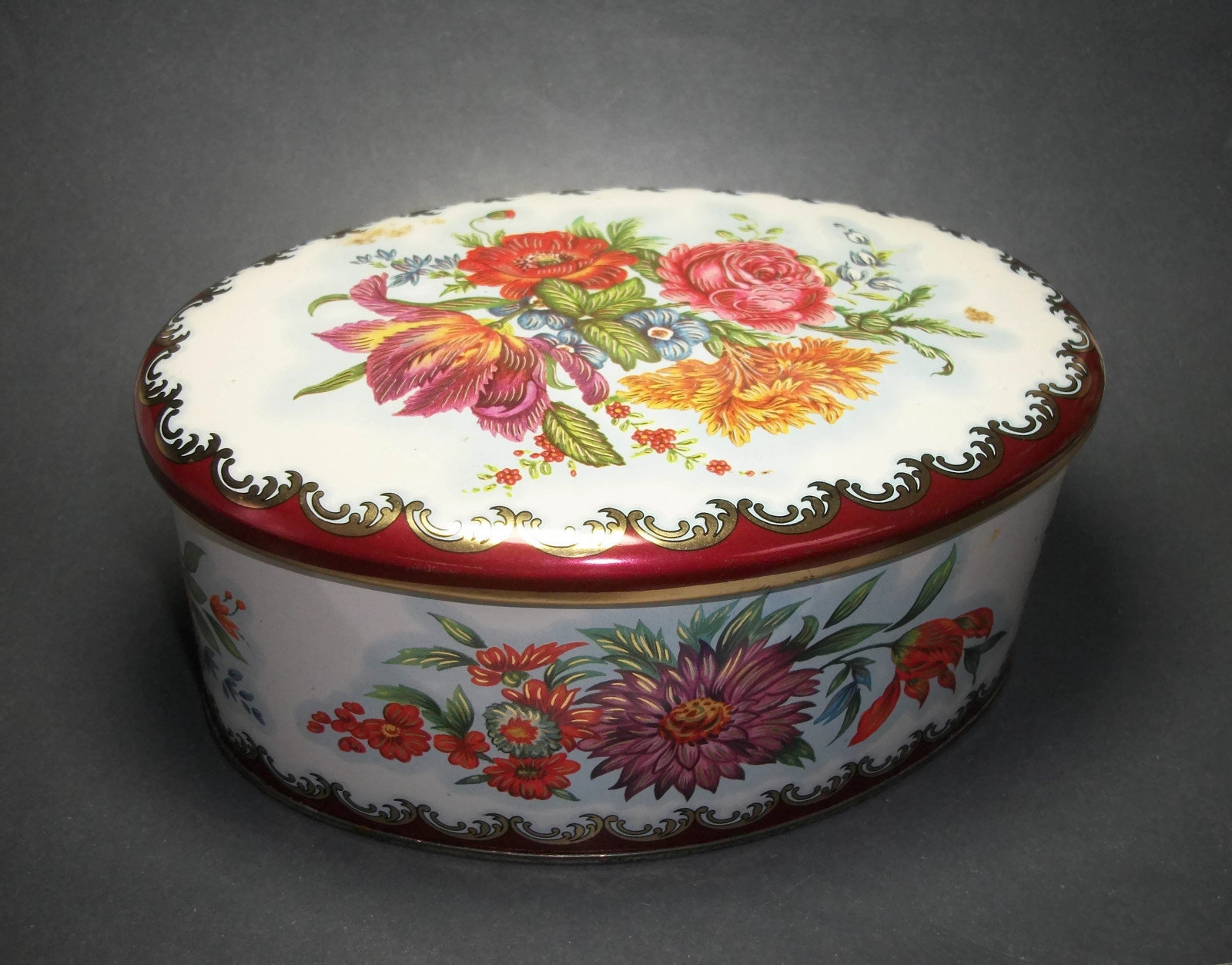 Vintage Daher Oval Tin Made in England 6 inch Long Floral Tin White