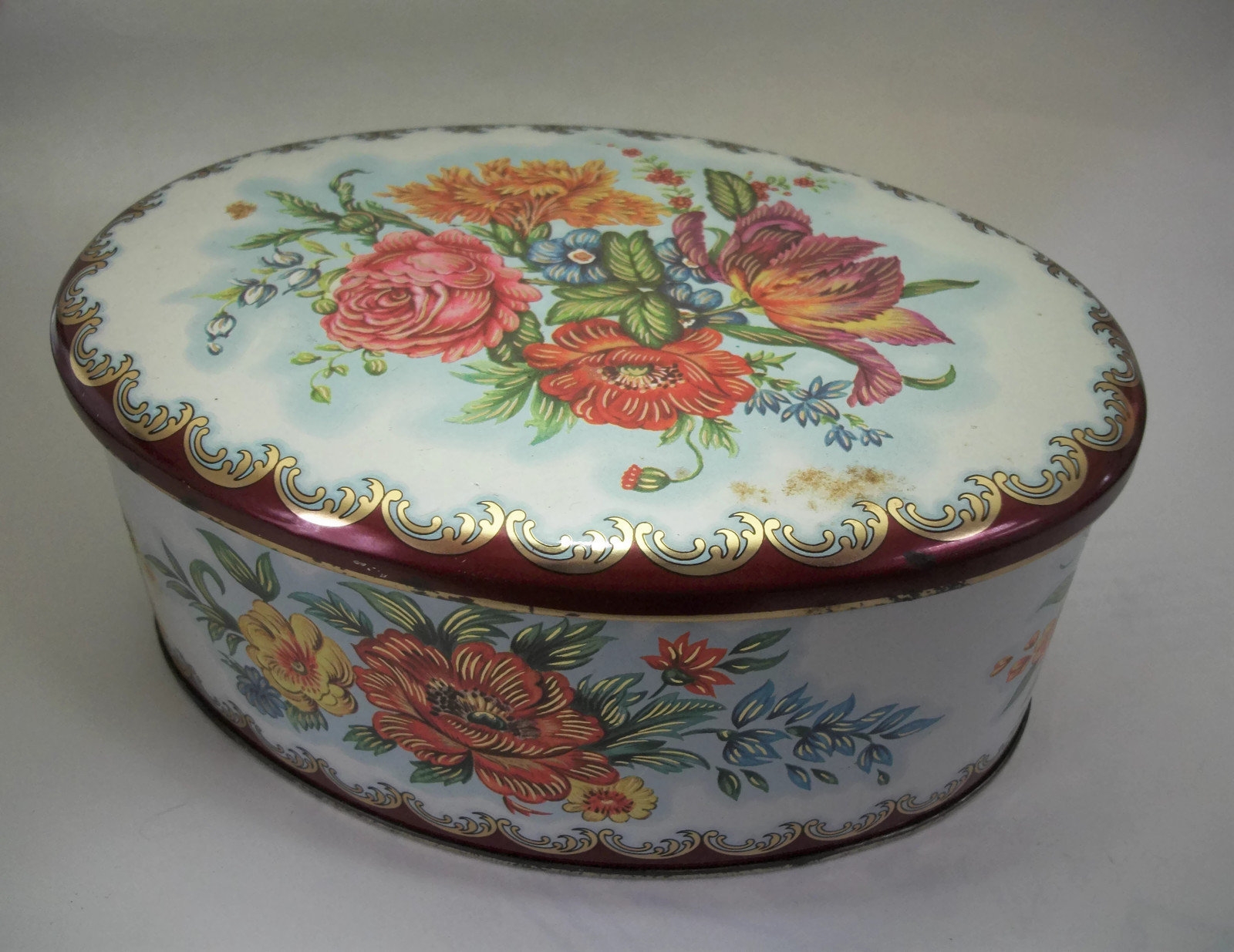 Vintage Daher Oval Tin Made in England 6 inch Long Floral Tin White