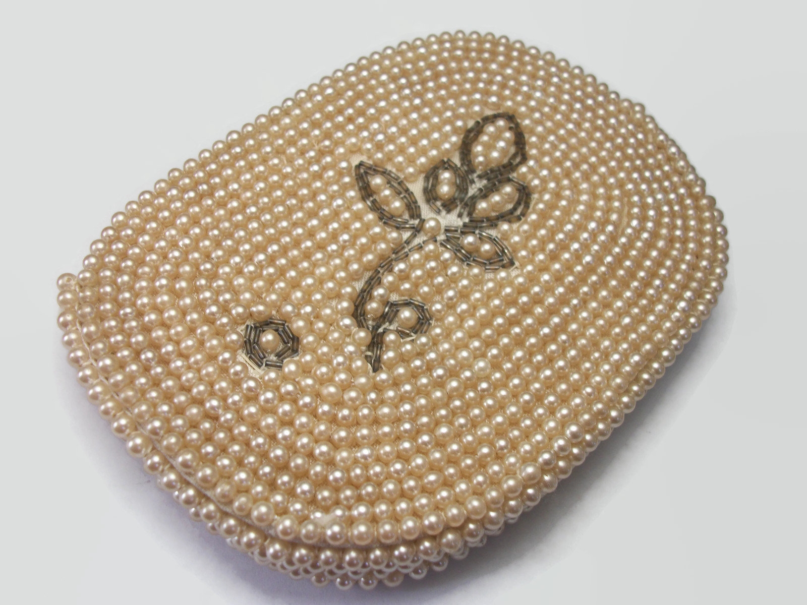 Pochette Soirée Vintage Japonaise Perles Et Paillettes - Couleur Crème - Intérieur Taché
