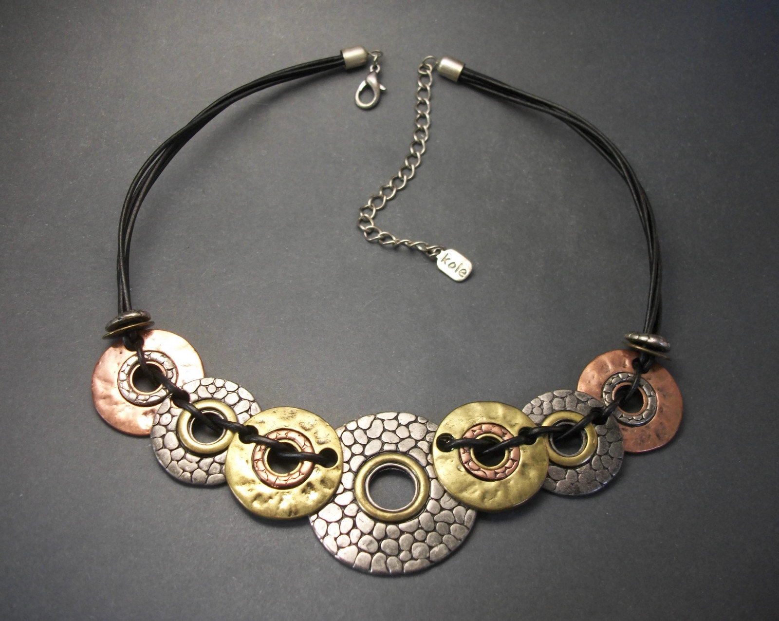 Brutalist Mixed Metal Disc Necklace by Kole Design Adjustable 16