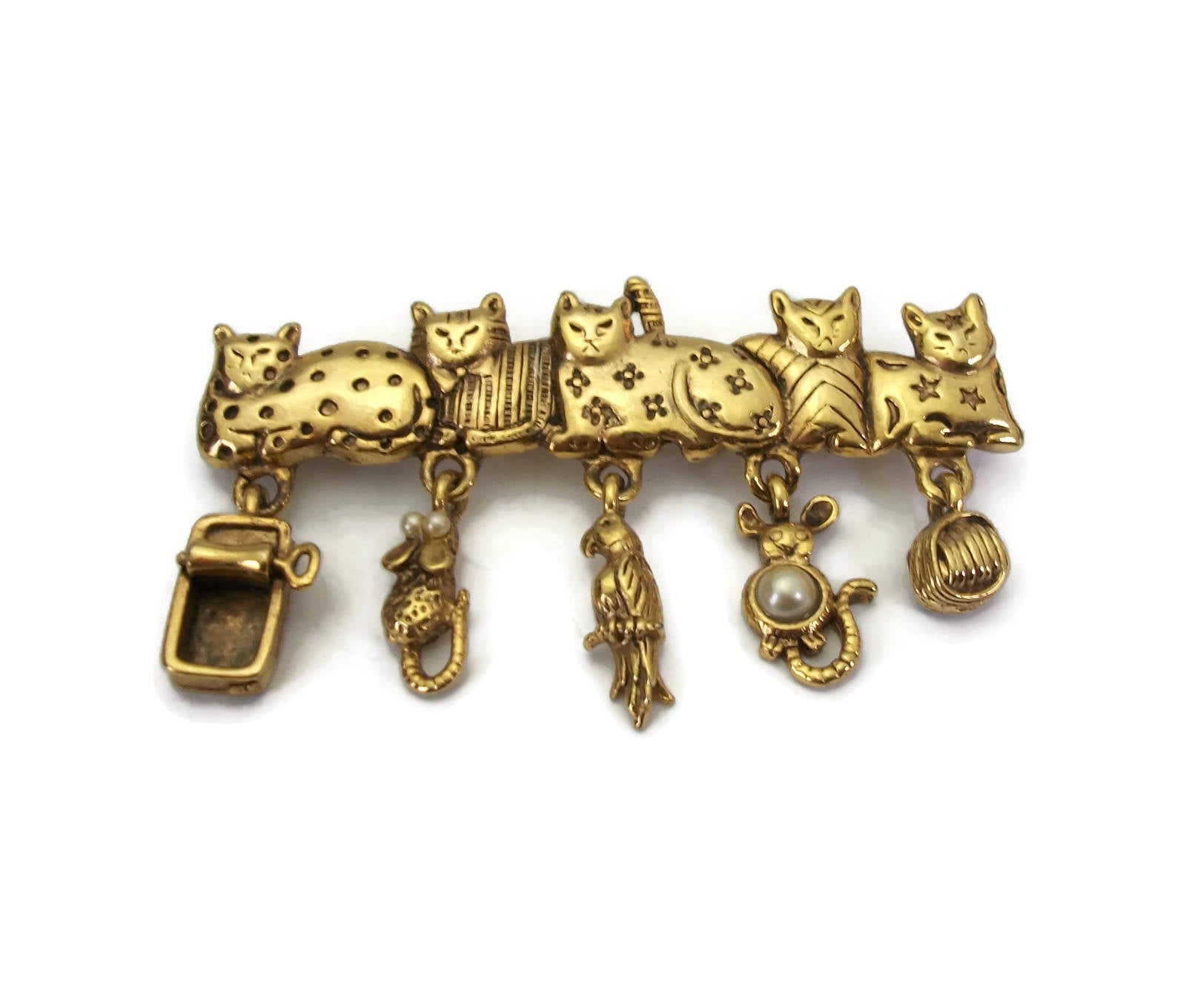 Vintage AJC Whimsical Cats Bar Pin Brooch with Dangling Charms