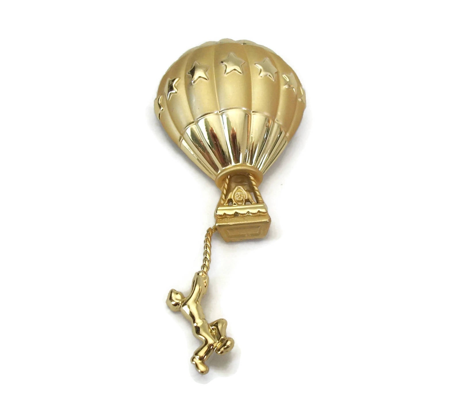 Vintage Signed AJC Hot Air Balloon Brooch Gold Tone Funny