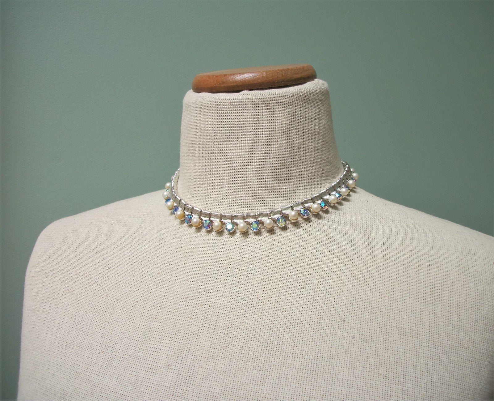 Vintage Coro Silver Tone Blue AB Crystal and Faux Pearl Choker Necklace