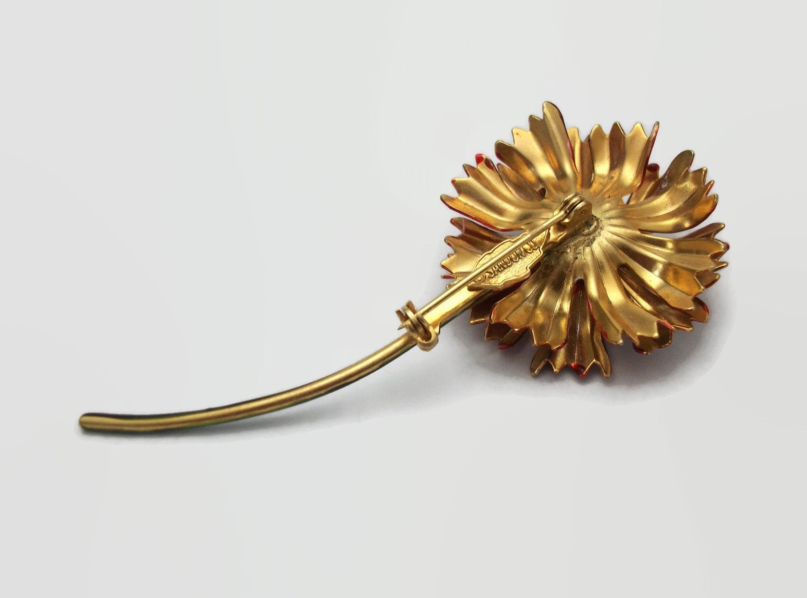 Vintage 1960s signed Sandor Red Enamel Chrysanthemum Flower Brooch or