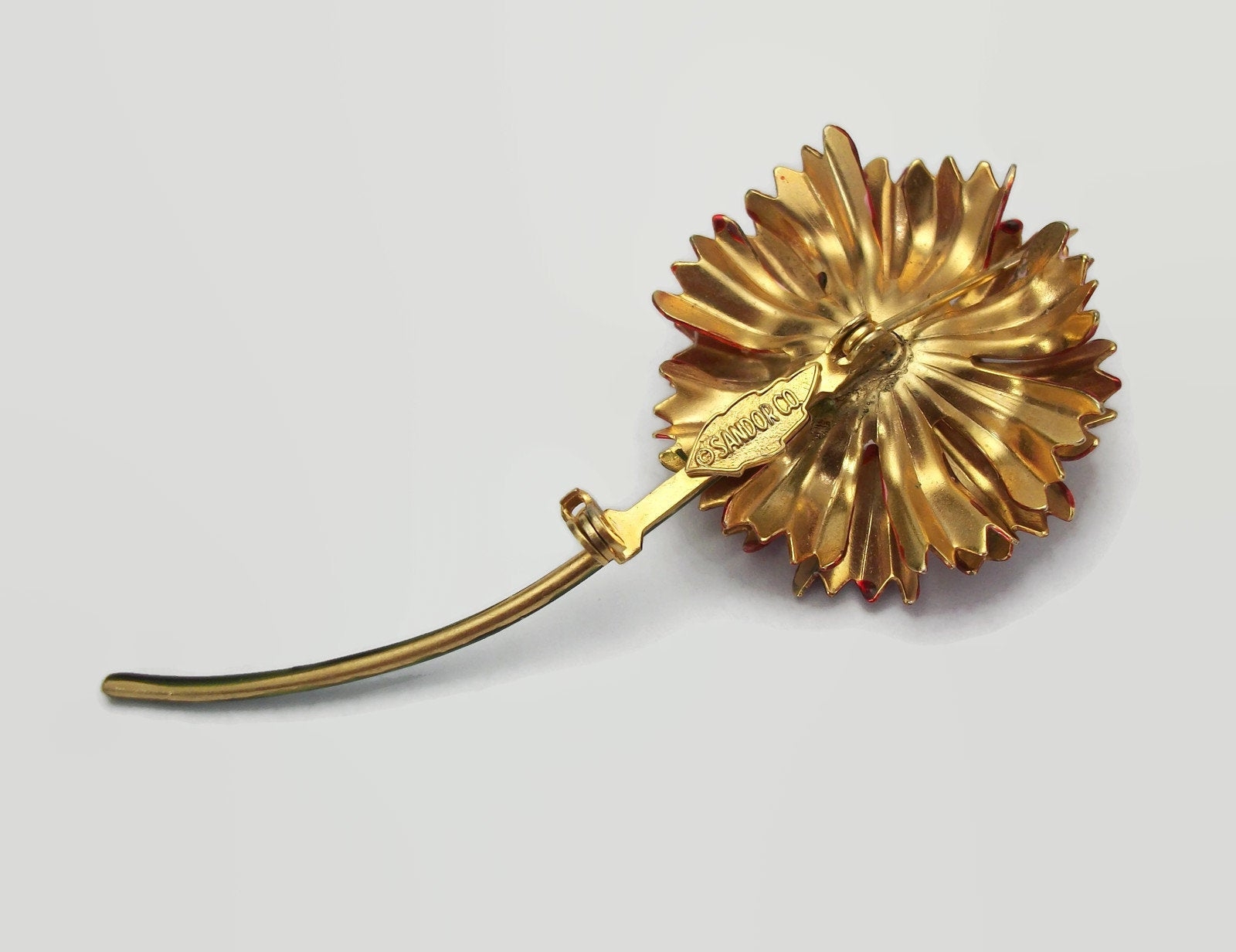 Vintage 1960s signed Sandor Red Enamel Chrysanthemum Flower Brooch or