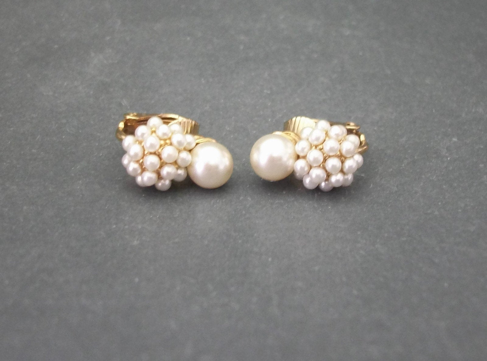 Vintage Dainty Pearl Clip on Earrings Small Tiny Faux Pearl Cluster