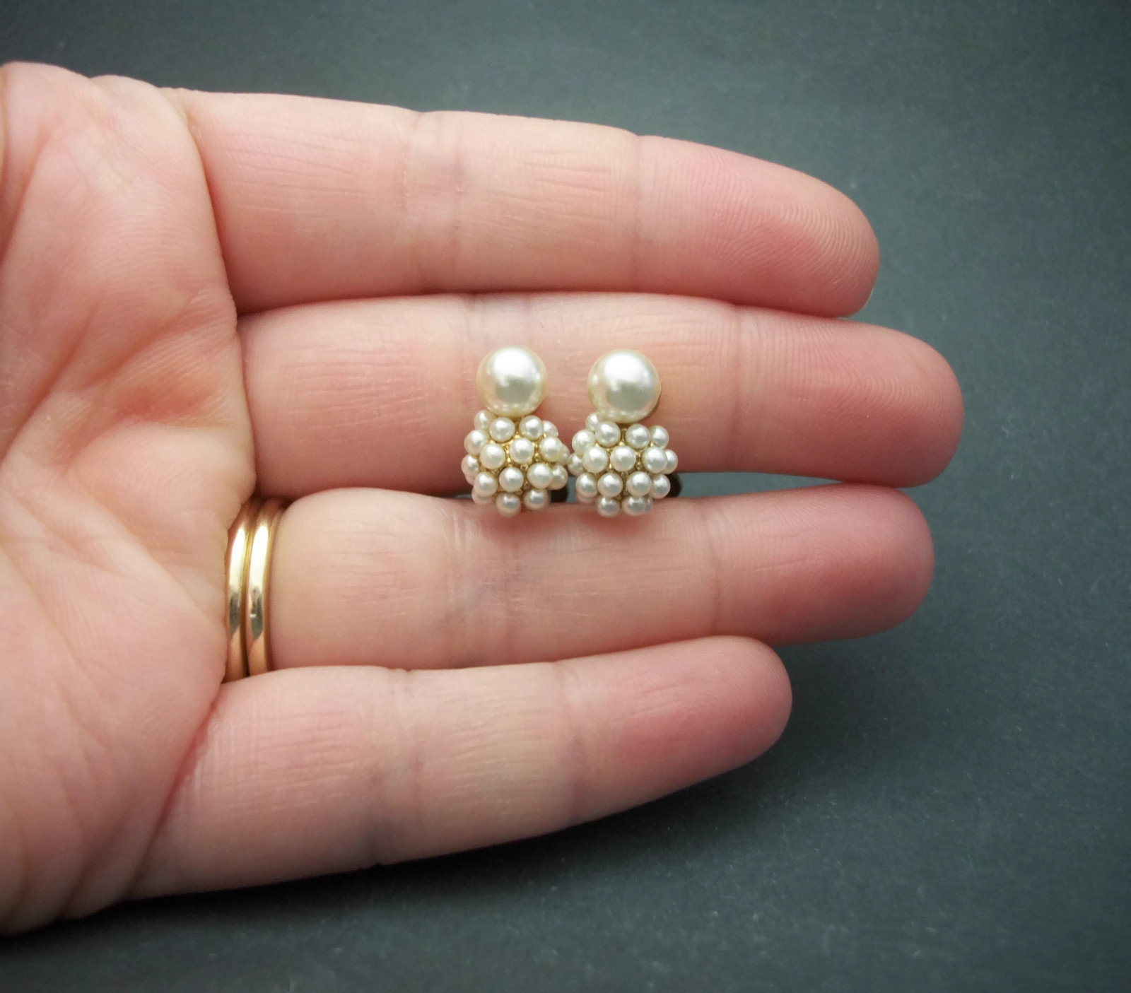 Vintage Dainty Pearl Clip on Earrings Small Tiny Faux Pearl Cluster