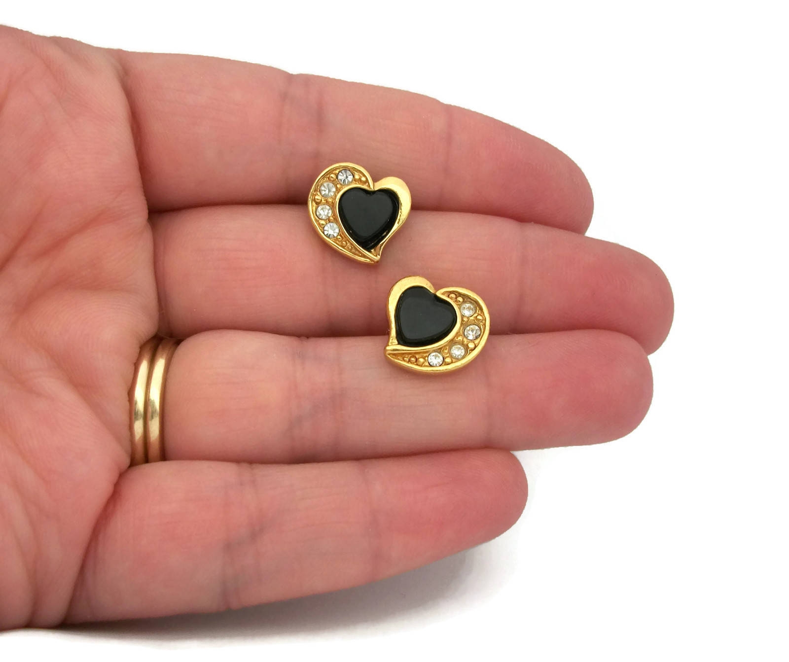Vintage Avon Black Lucite Gold Tone Heart Earrings with Clear