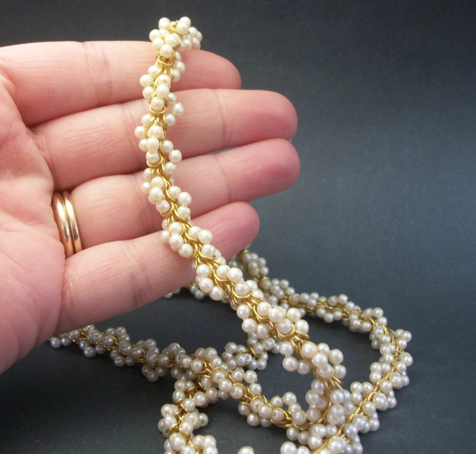 Vintage Pearl Cluster Twist Gold Tone Rope Necklace 24 inch Long Small