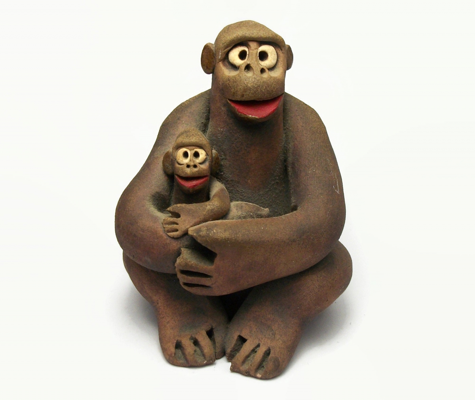 Vintage Clay Pottery Chimpanzee and Baby Sculpture Chimp Ape