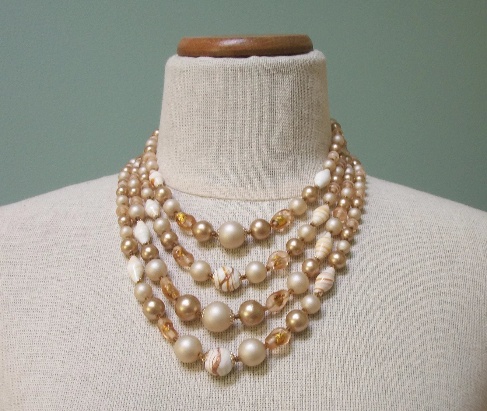 Vintage 1950s Four Strand Glass Plastic Bead Necklace Pale Beige