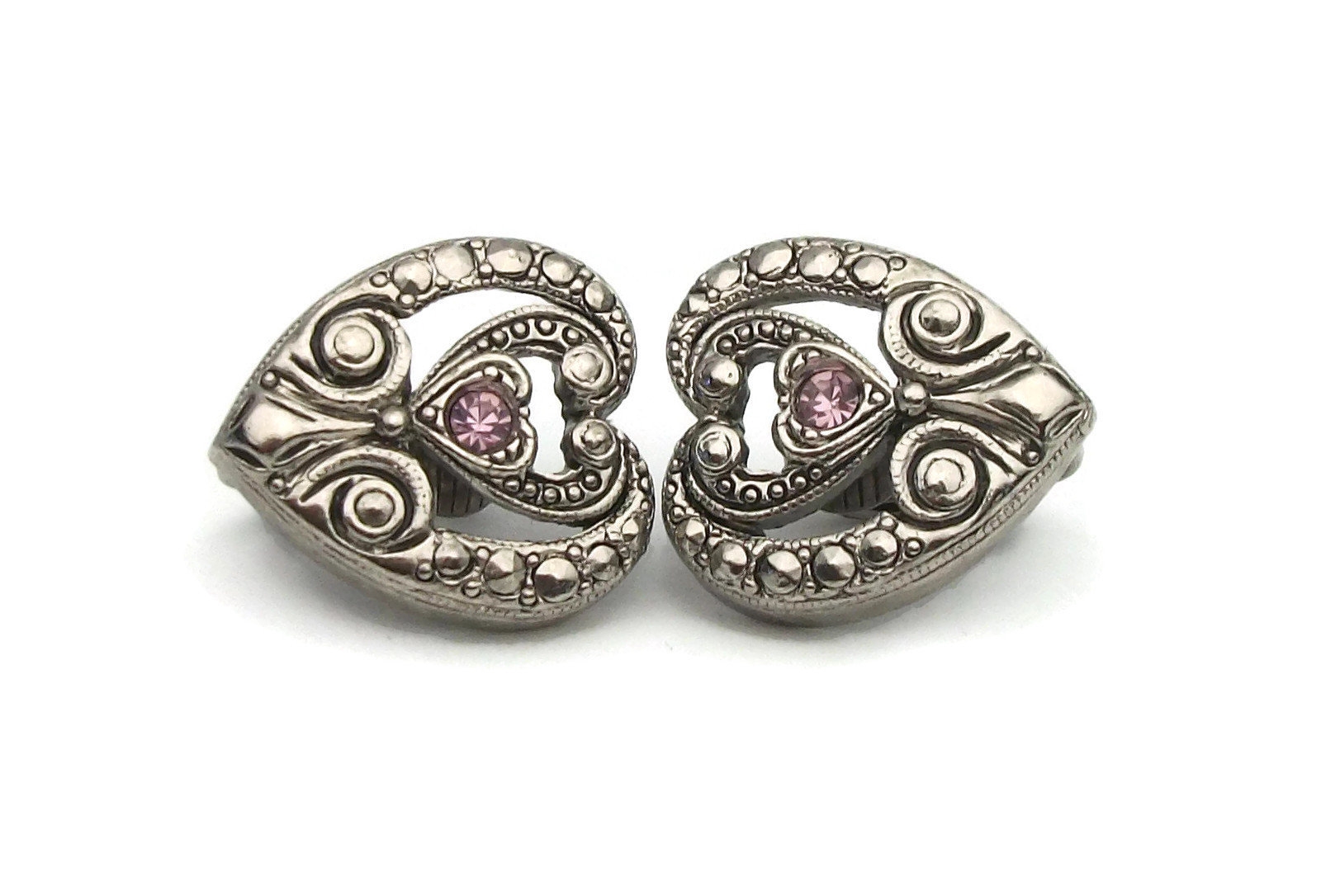 Vintage Avon Silver Tone Faux Marcasite Heart Clip Earrings Faux Amethyst Purple Rhinestone 1994 Elegant Era Vintage Clip Ons 1990s Felt in My Heart Vintage