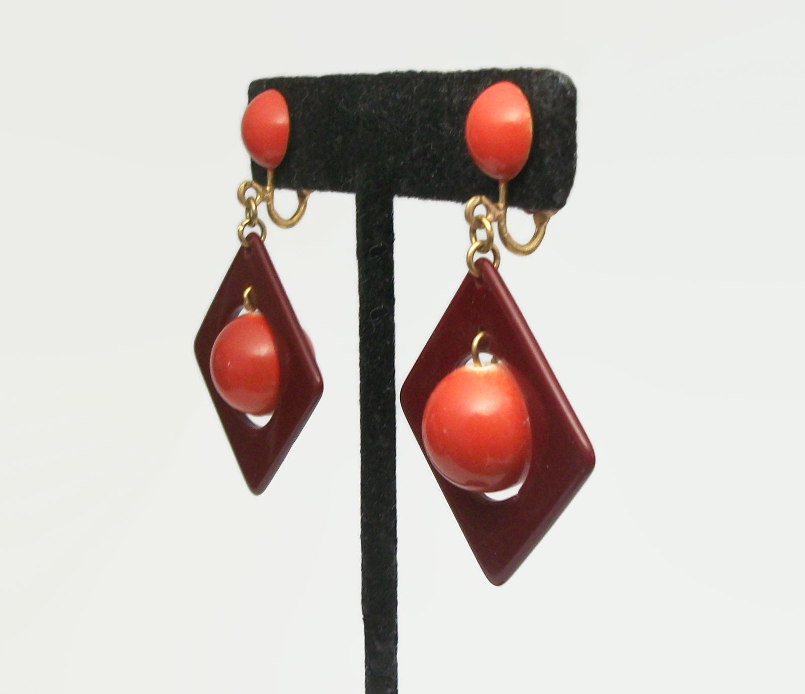 Vintage Burnt Orange and Mahogany Colored Dangle Clip on Earrings