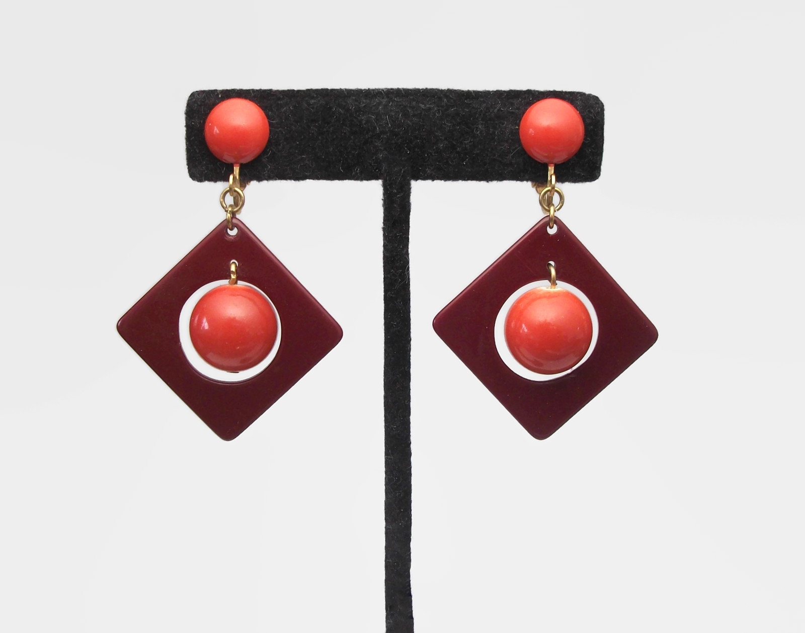 Vintage Burnt Orange and Mahogany Colored Dangle Clip on Earrings