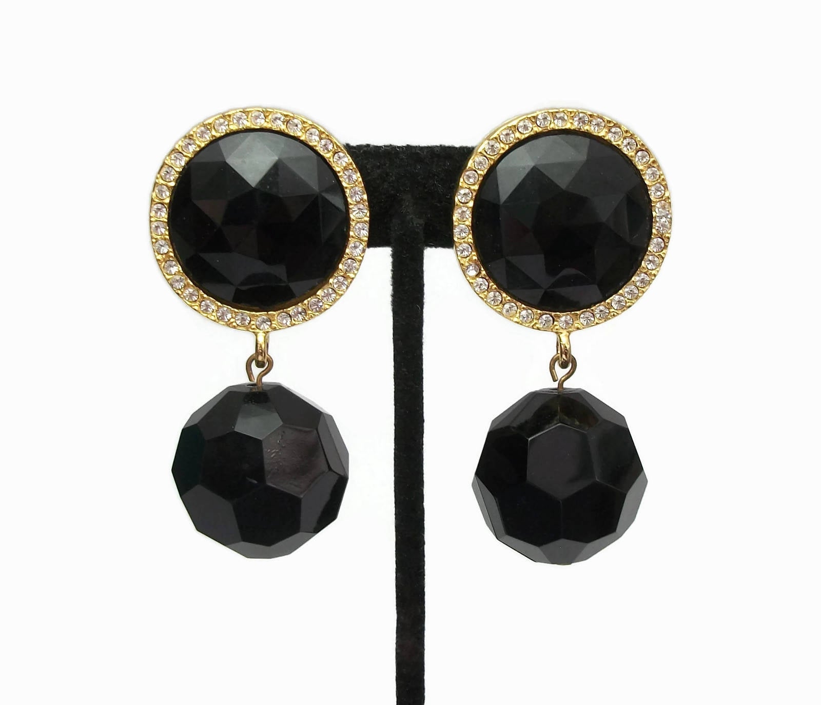 Rare Vintage Les Bernard Chunky Black Gold Drop Clip On Earrings