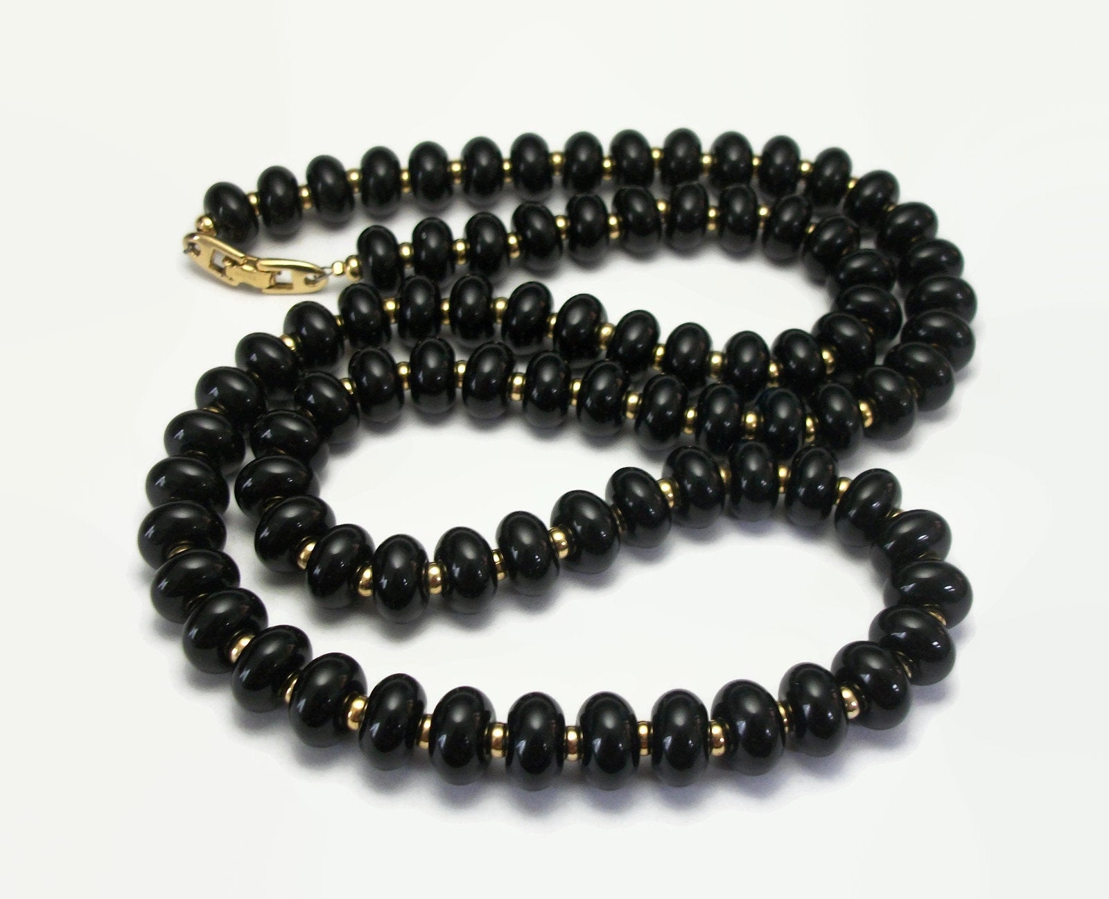 Vintage Signed Napier Black and Gold Bead Necklace 30 inch Long Beaded ...