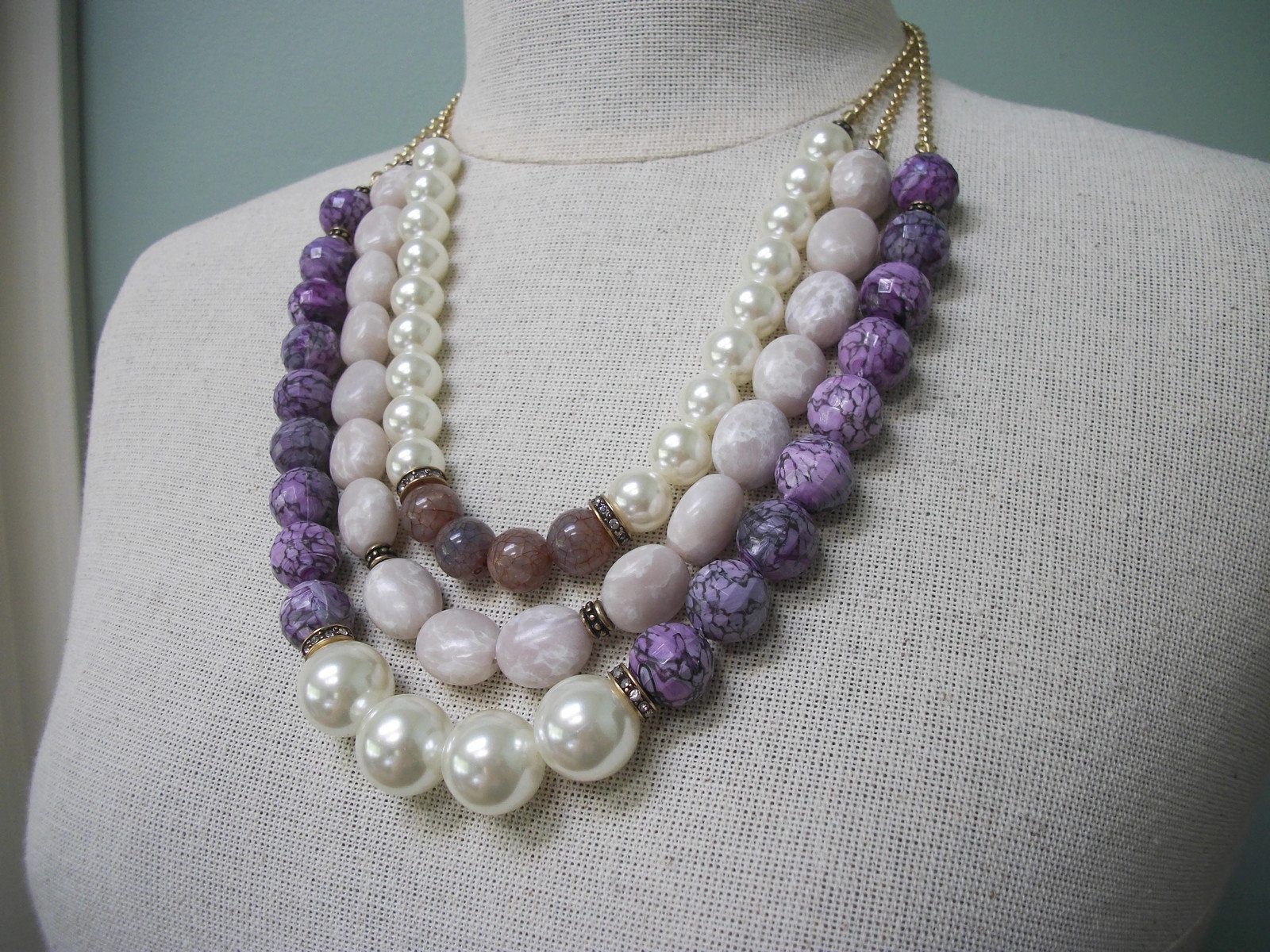 Talbots Chunky Purple Triple Strand Beaded Necklace Big Faux Pearl