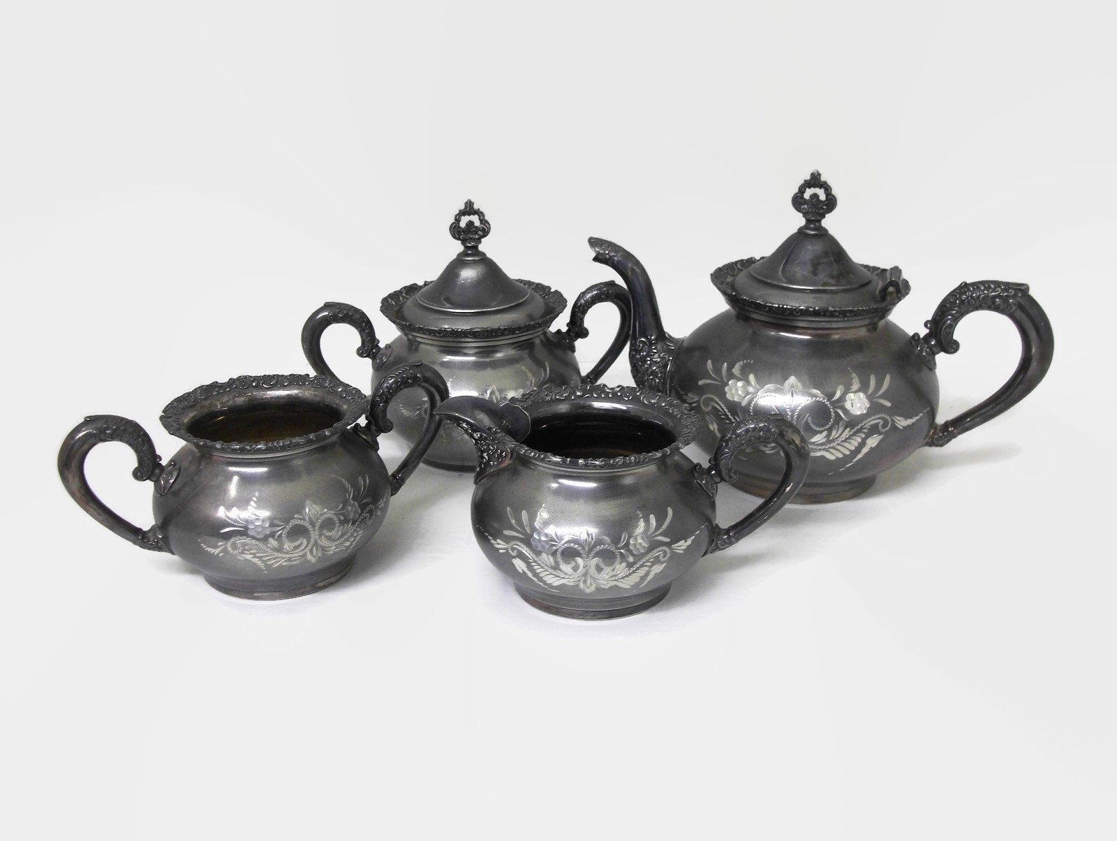 Antique Late 1800s Van Bergh Quadruple Silver Plate Tea Service Set Teapot Sugar Bowl Creamer Waste Bowl Tarnished Etched Silver Victorian