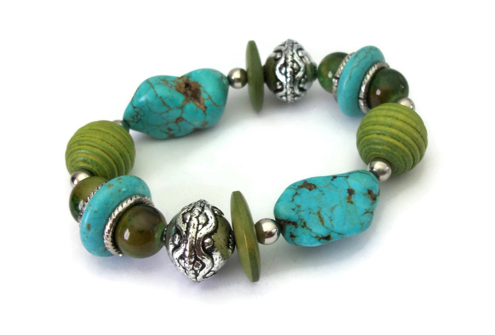 Chunky Green and Faux Turquoise Stone Beaded Stretch Bracelet Elastic ...