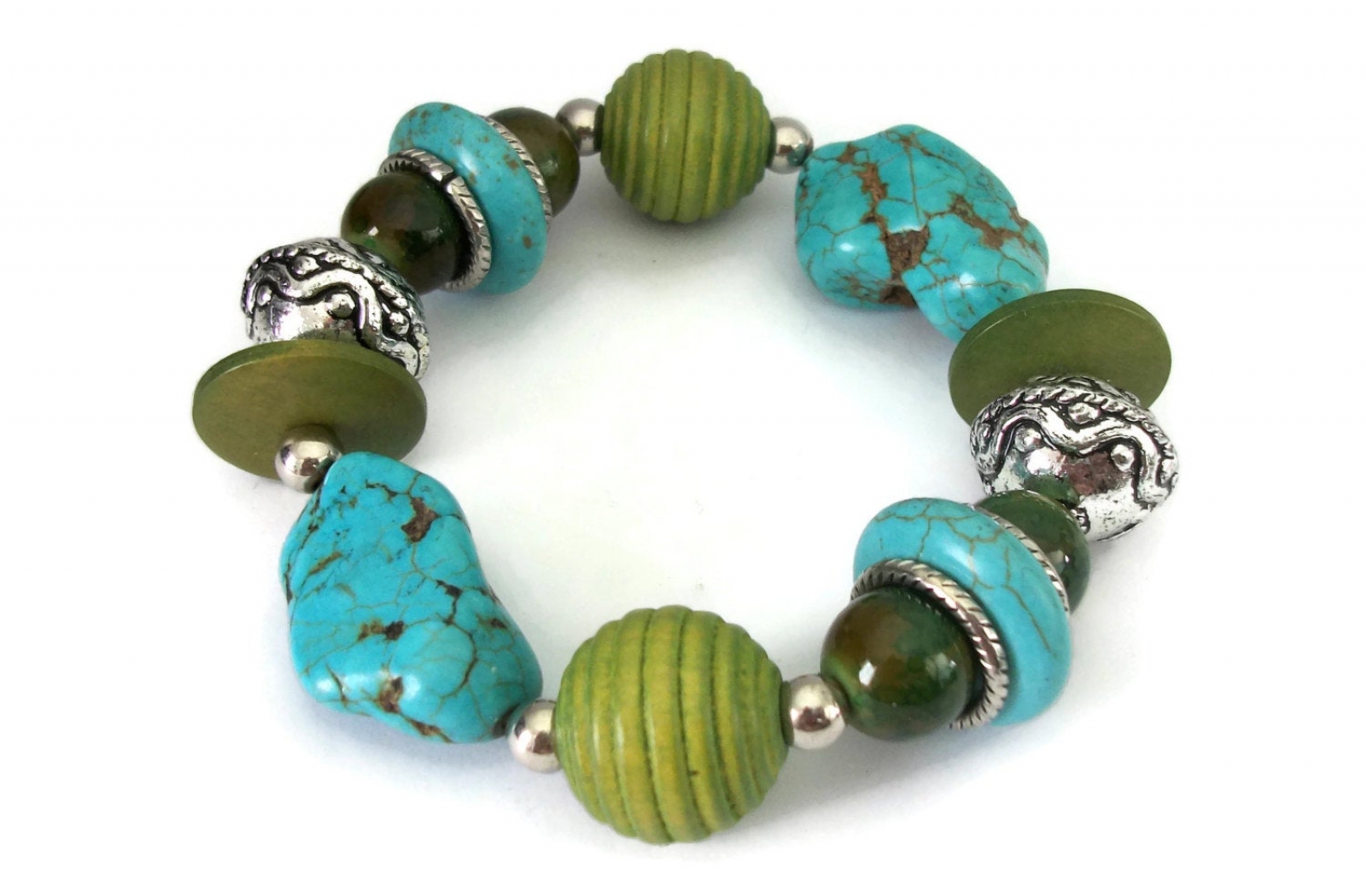 Chunky Green and Faux Turquoise Stone Beaded Stretch Bracelet Elastic  Bangle Blue Howlite Nuggets Silver Tone & Green Wood Beads