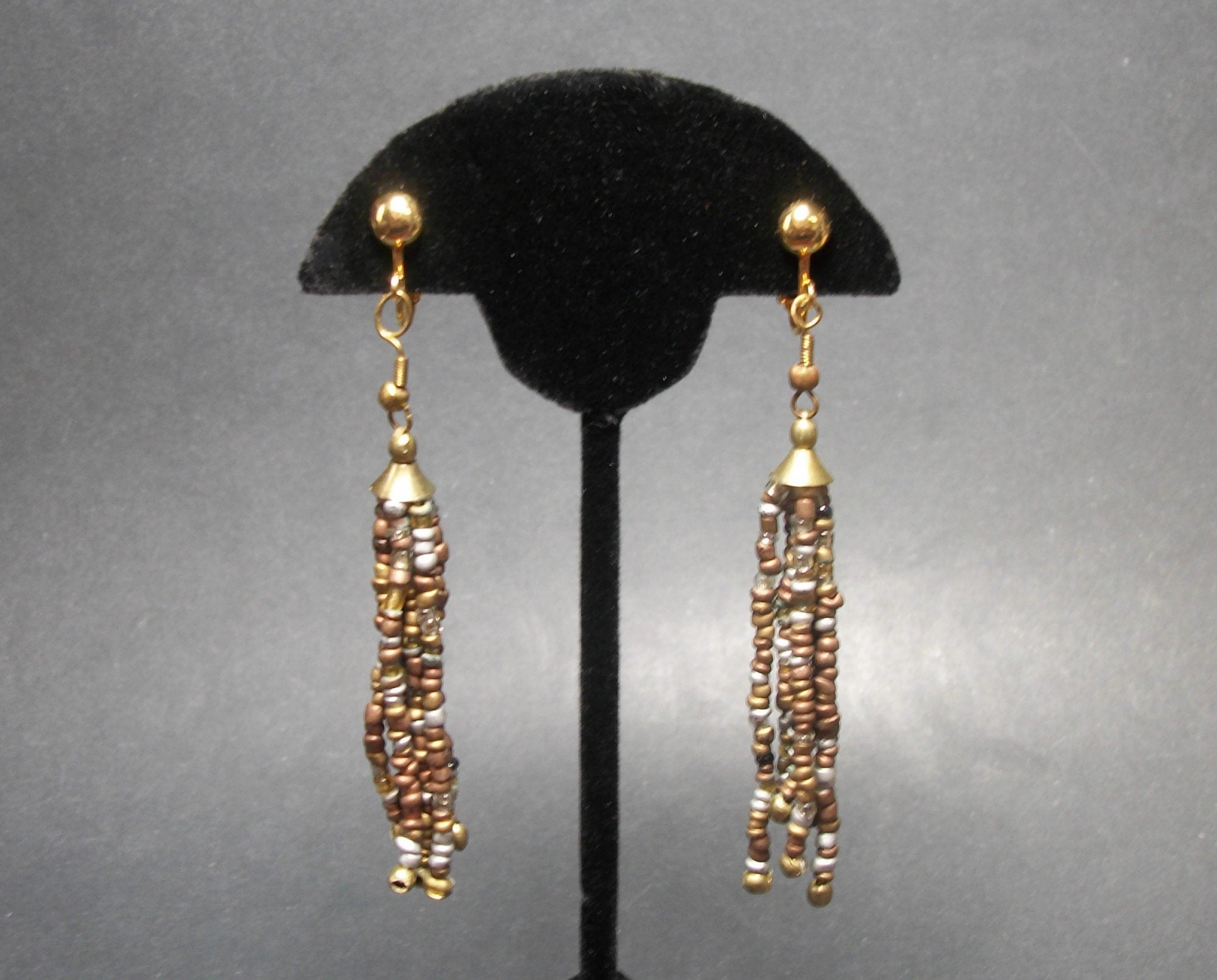 Vintage 3 inch Bead Tassel Clip on Earrings Bronze SIlver Brass Brown