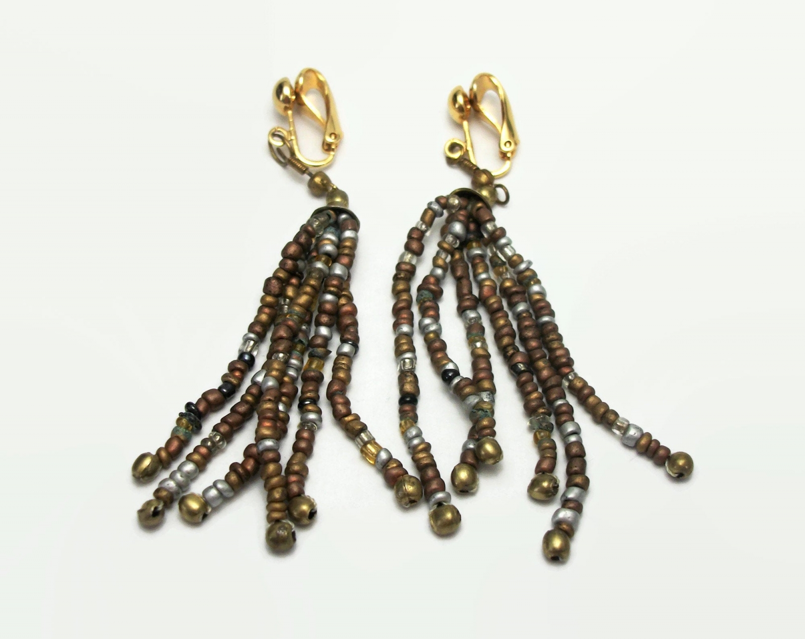 Vintage 3 inch Bead Tassel Clip on Earrings Bronze SIlver Brass Brown