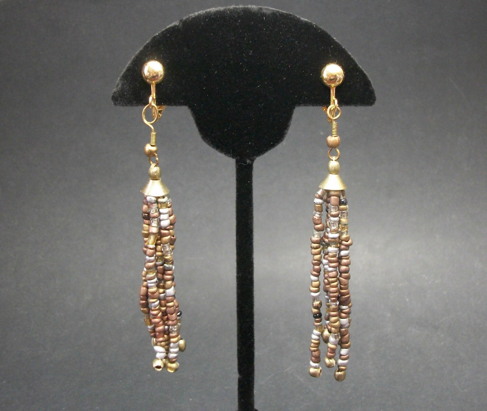 Vintage 3 inch Bead Tassel Clip on Earrings Bronze SIlver Brass Brown