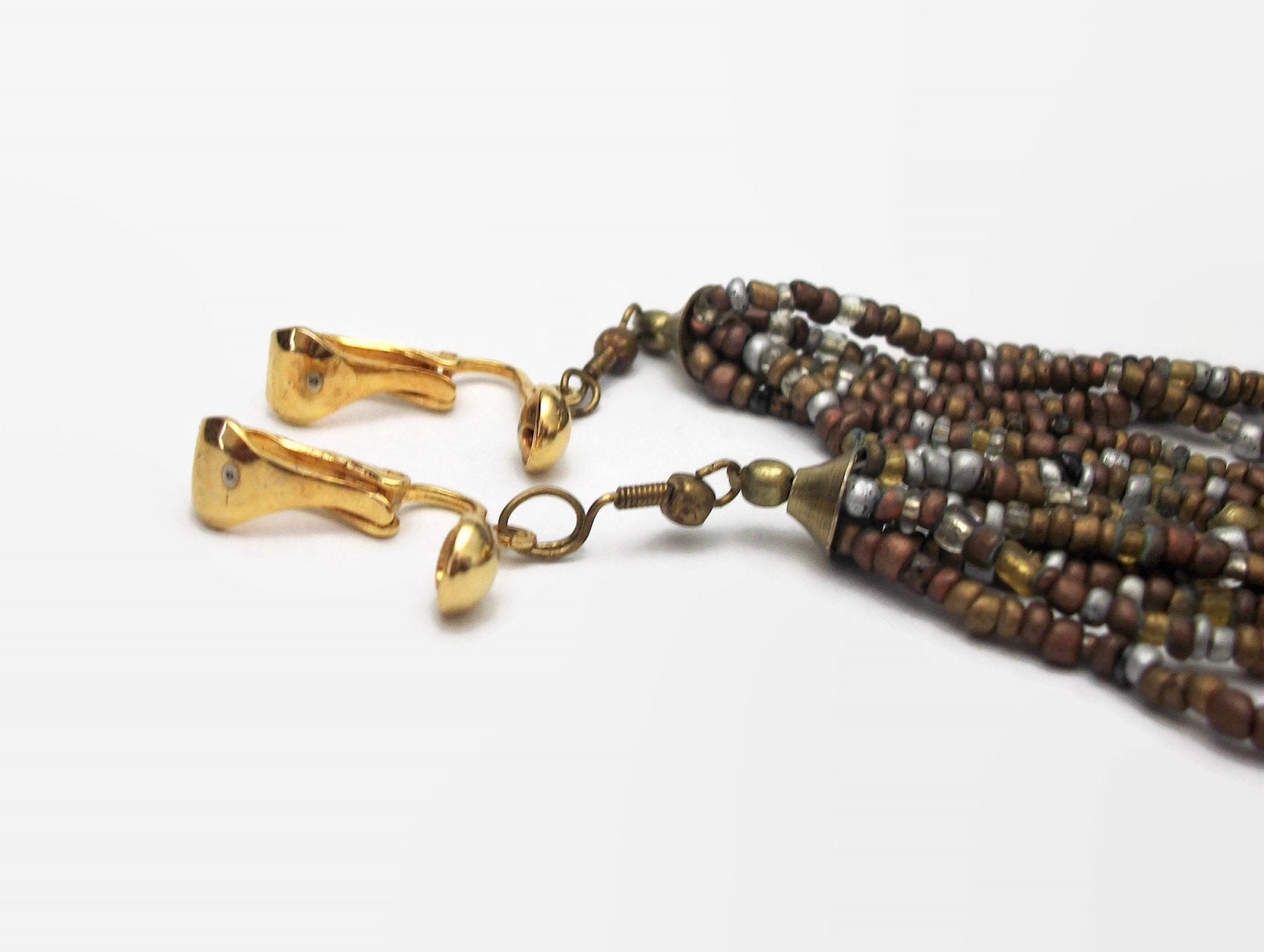 Vintage 3 inch Bead Tassel Clip on Earrings Bronze SIlver Brass Brown