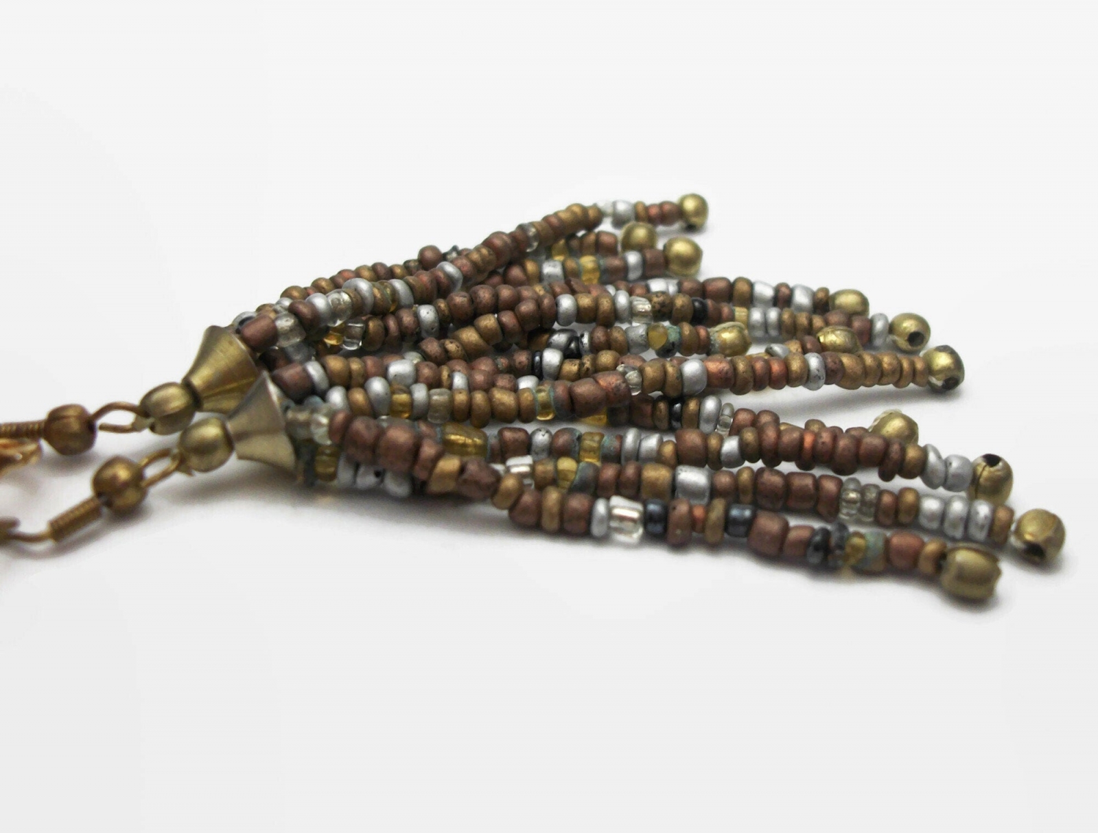 Vintage 3 inch Bead Tassel Clip on Earrings Bronze SIlver Brass Brown