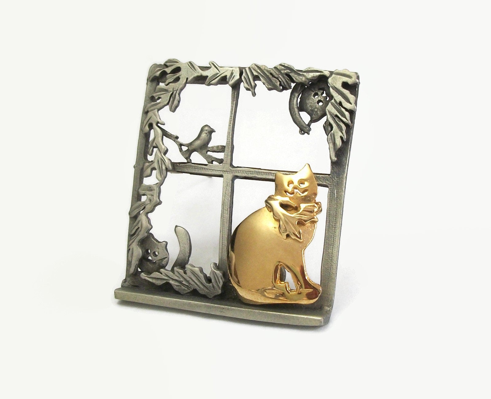 Vintage Pewter Cats in a Window Brooch Openwork Big Square Lapel Pin Cat Lover Jewelry Silver and Gold Signed Ultracraft Ultra Craft Felt in My Heart Vintage