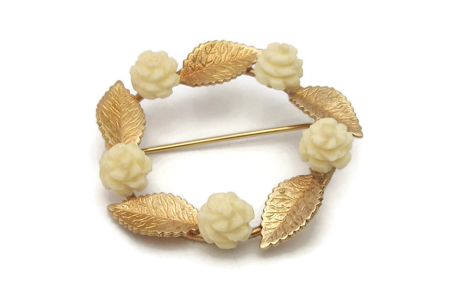 Vintage 14K GF Wreath Brooch with Faux Ivory White Flowers Dainty