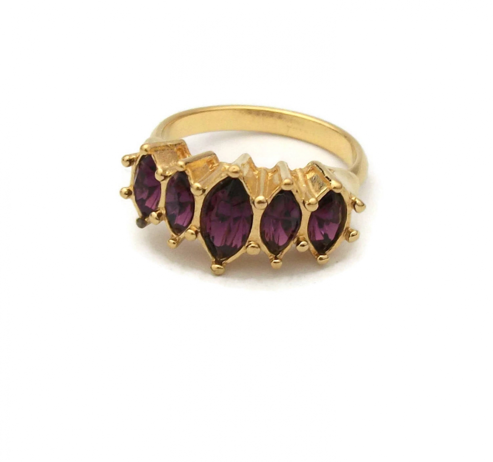Vintage 1990s Avon Faux Amethyst Ring Gold with Purple Crystals Rhinestones Size 6 1 2 February Birthstone Jewelry Marquis Sparkle Felt in My Heart Vintage