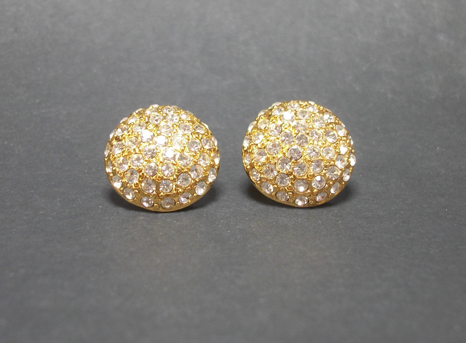 Vintage Monet Gold Tone and Pave Rhinestone Clip on Earrings Round 3/4