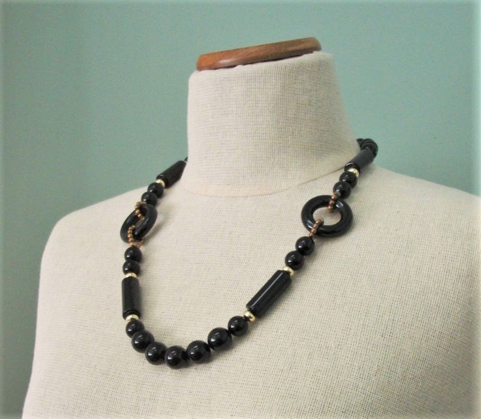 Vintage 1980s Chunky Black Beaded Necklace 24 inch Black Lucite Beads