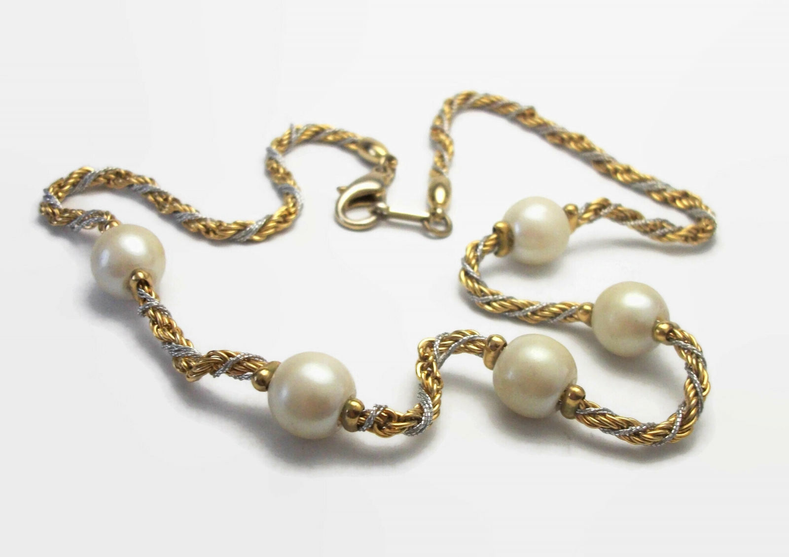 Vintage Rope Chain Twist Necklace with Faux Pearls 17 inch Mixed Metal