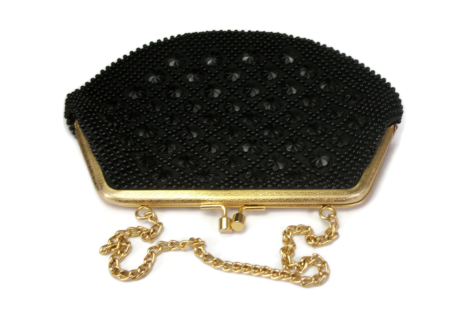 Vintage Black Beaded Evening Purse Clutch Gold Chain Link Safety Strap  Satin Lining Hand Made in Hong Kong Handbag Florette Flower Beads